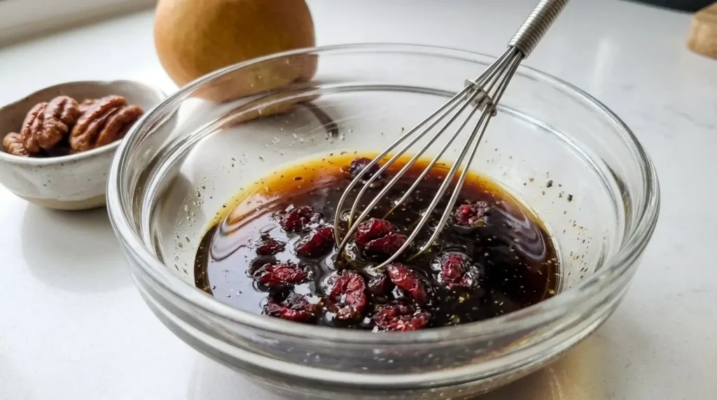 Whisking extra virgin olive oil, balsamic vinegar, and maple syrup in a glass bowl to create homemade salad dressing.