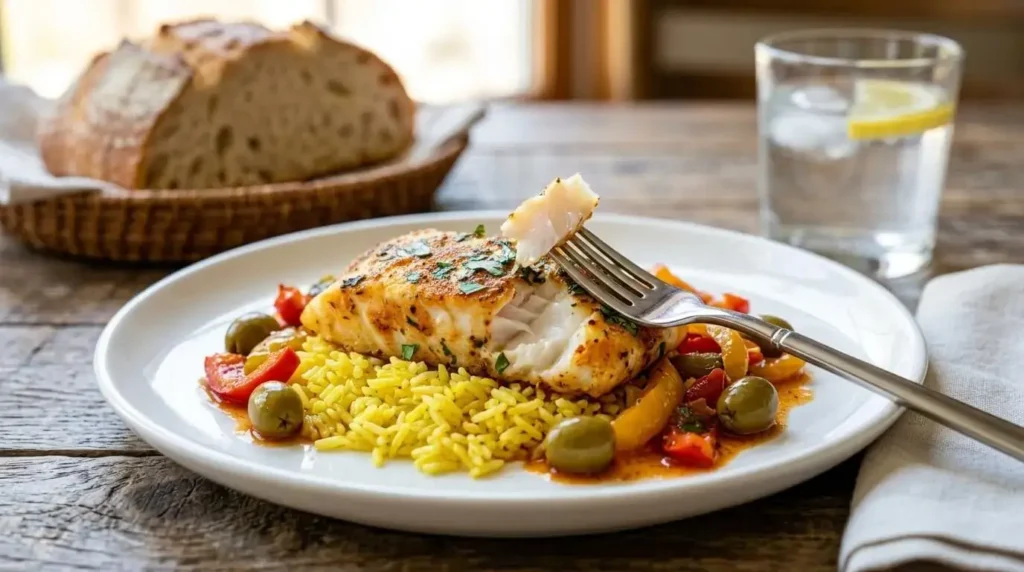 A plated portion of flaky baked white fish served over rice with sweet peppers and a fork taking a bite
