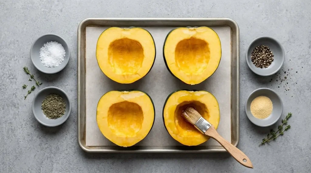 Step-by-step process showing horizontally halved acorn squash being brushed with olive oil and maple syrup on a parchment-lined baking sheet.