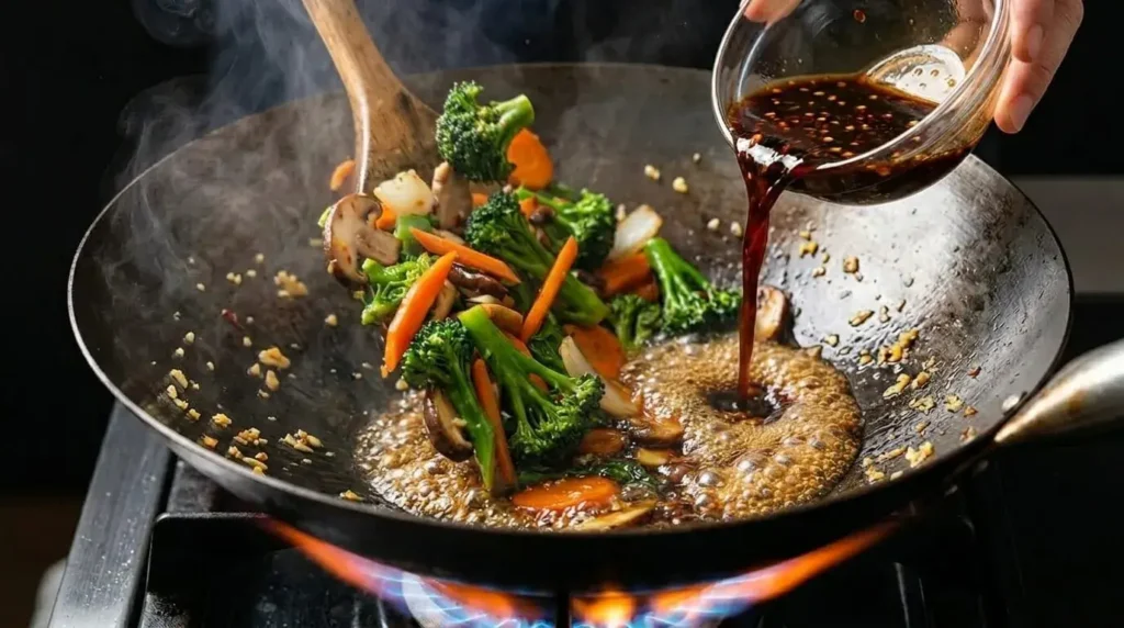 Pouring garlic soy sauce over sizzling vegetables in a hot wok during cooking.