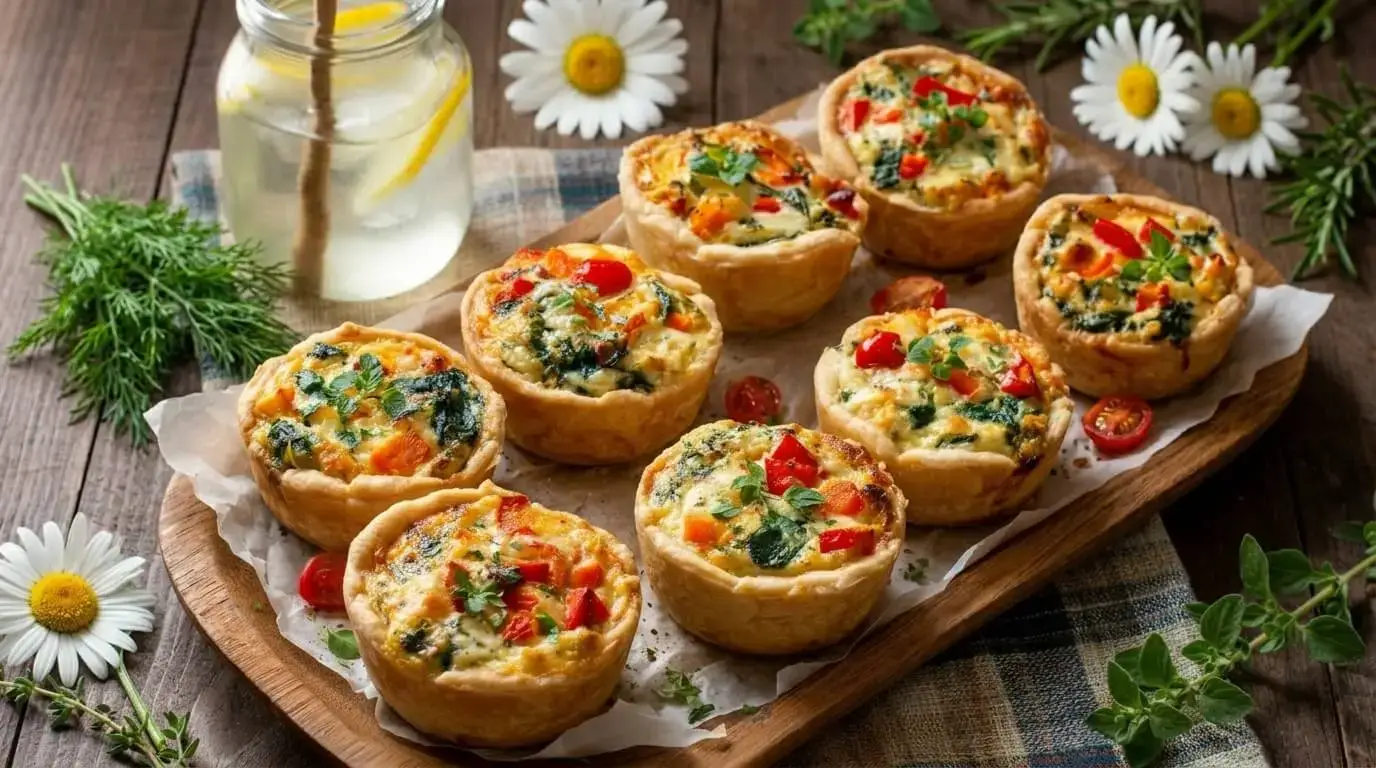 A wooden tray holding eight golden-brown mini vegetable quiches resting on white parchment paper next to a glass jar of lemon water.