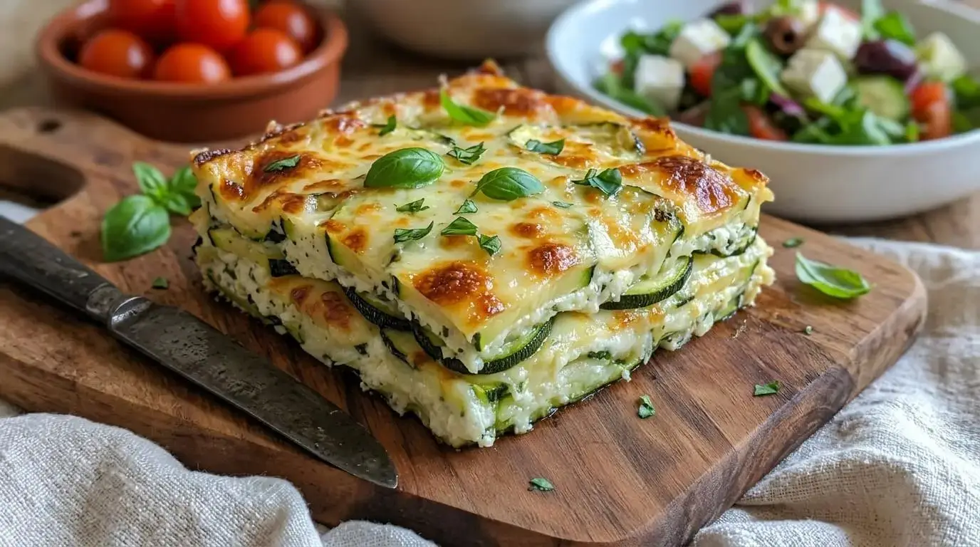 A perfectly sliced square of cheesy Mediterranean Zucchini Lasagna showcasing distinct layers of green zucchini and bubbly golden cheese on a wooden board.