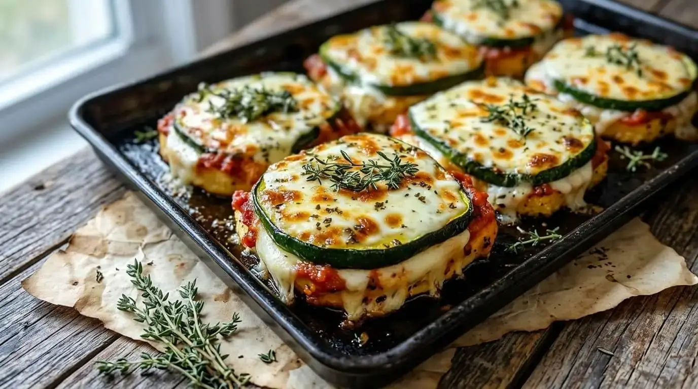 A baking sheet holding six golden-brown, bubbly baked Zucchini and Polenta Parmesan Stacks garnished with fresh thyme.