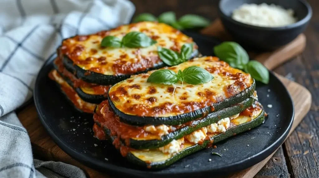 A close-up view of two individual grilled Zucchini Ricotta Lasagna Stacks layered with marinara, ricotta, and topped with golden melted mozzarella cheese on a black plate.