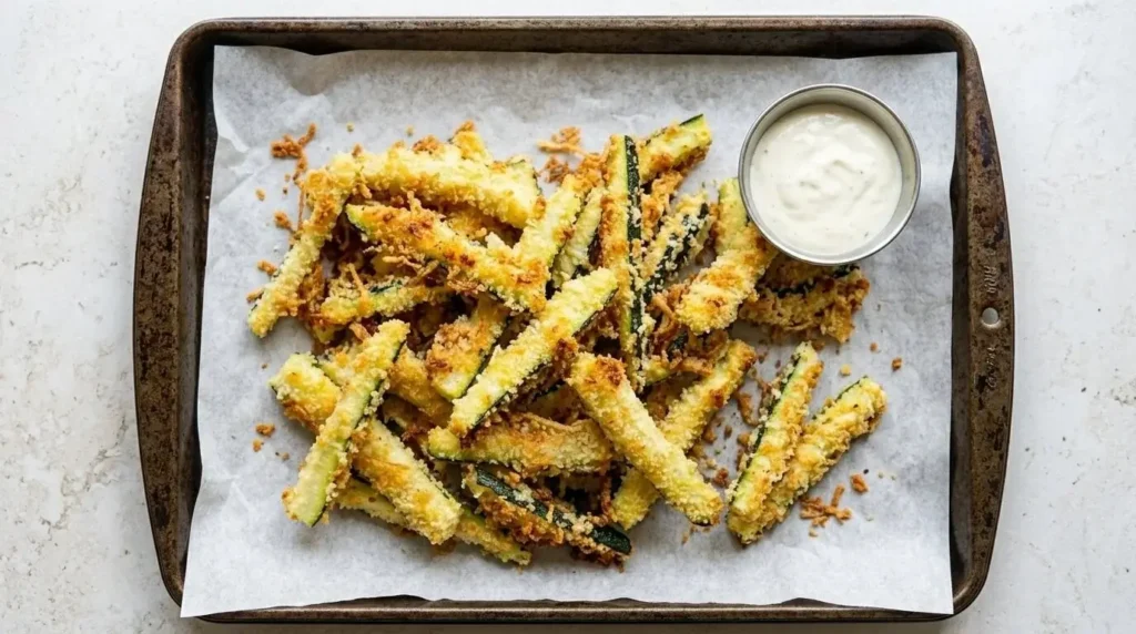 Crispy baked panko parmesan zucchini fries served with garlic yogurt dipping sauce on a parchment-lined tray.