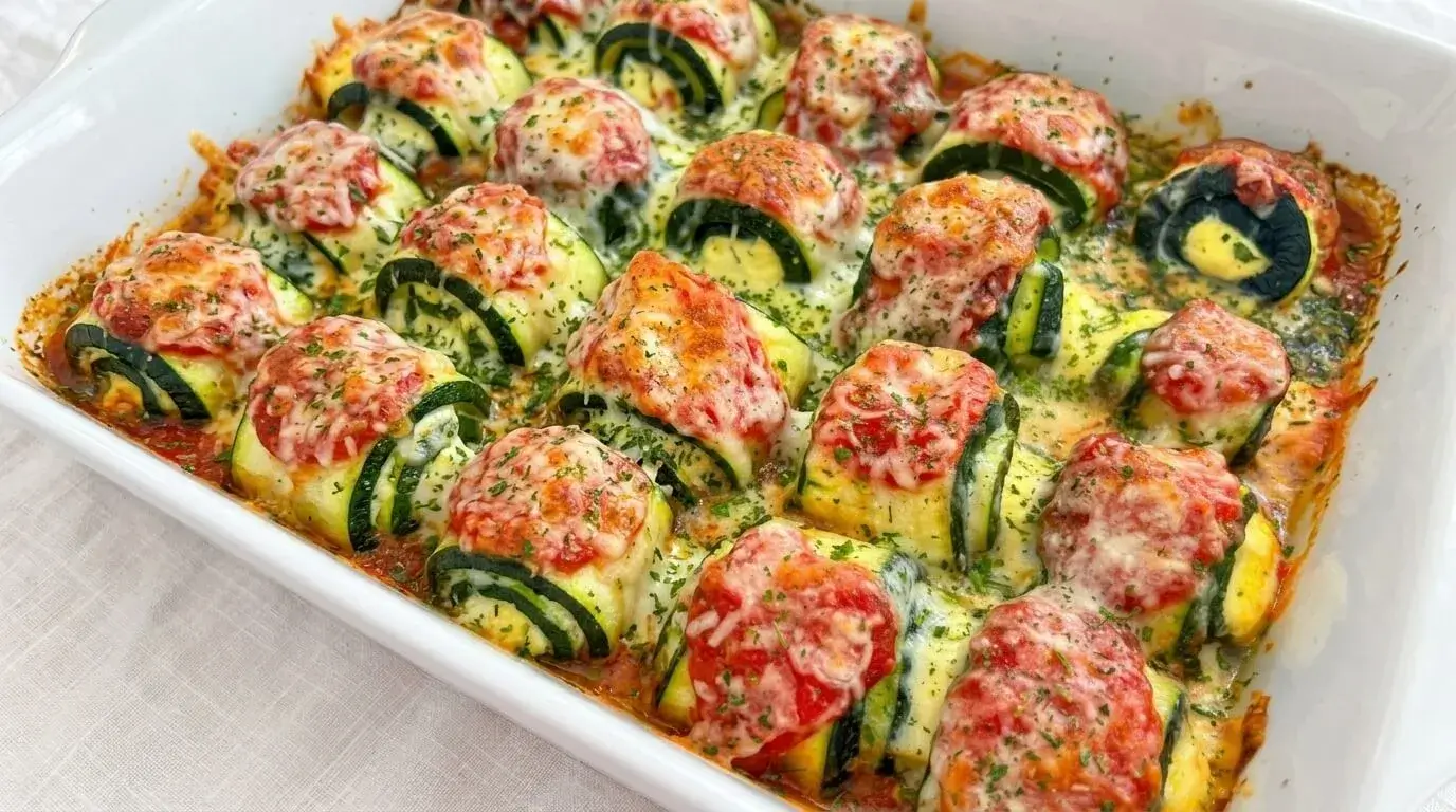 A white baking dish filled with bubbling Mediterranean zucchini rollatini topped with melted mozzarella cheese and fresh herbs.