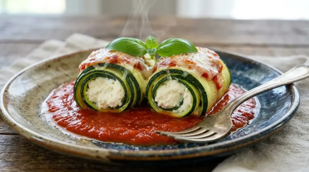 A close-up plated serving of healthy zucchini rollatini with a clear view of the cheesy spiral interior and fresh basil garnish.