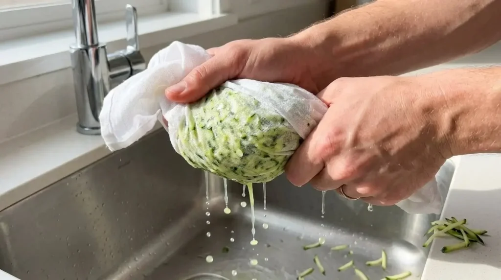 Shredded green zucchini being squeezed dry inside a white cloth towel over a kitchen sink.