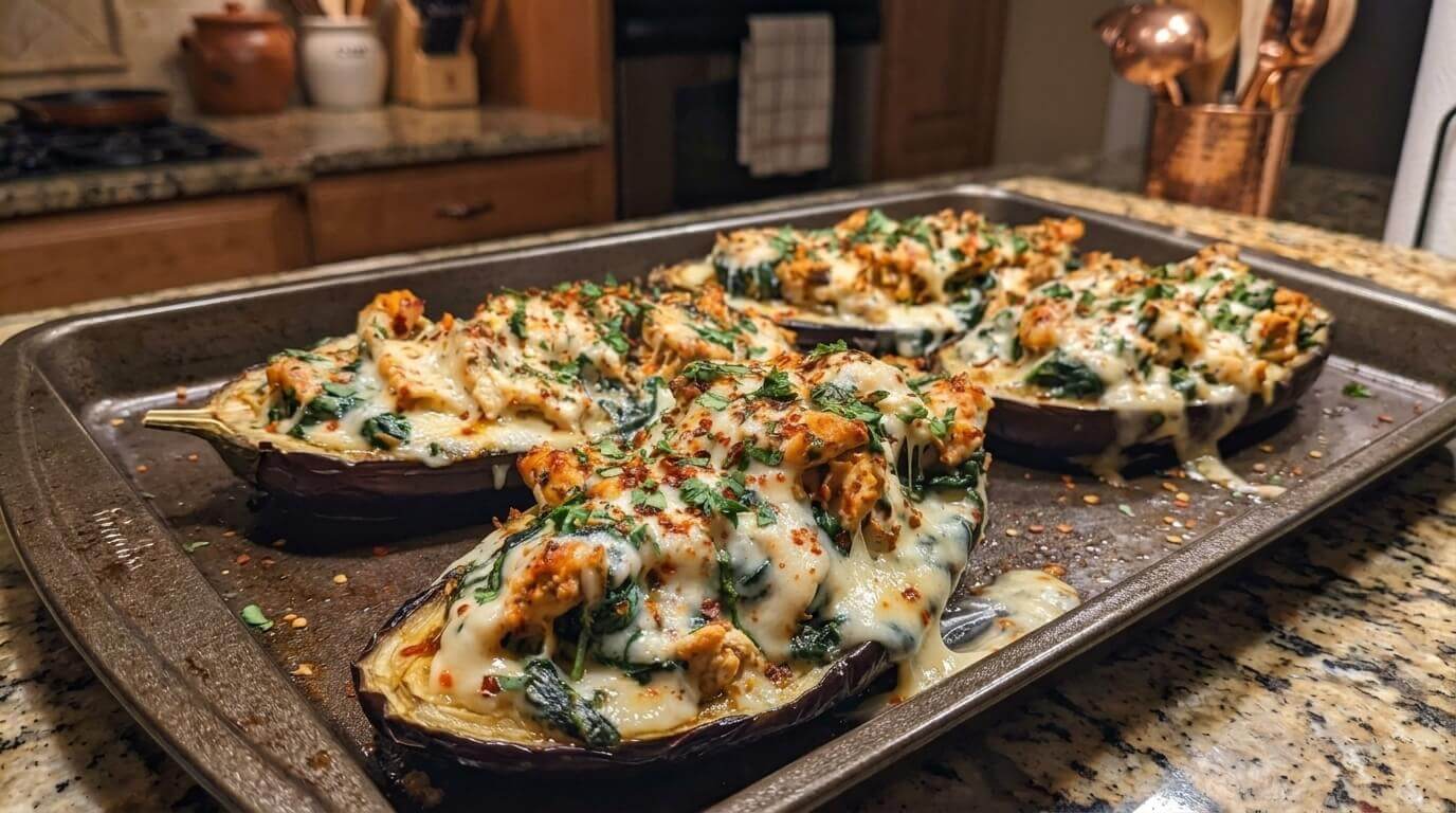 Spinach Chicken Stuffed Eggplants in a tray.