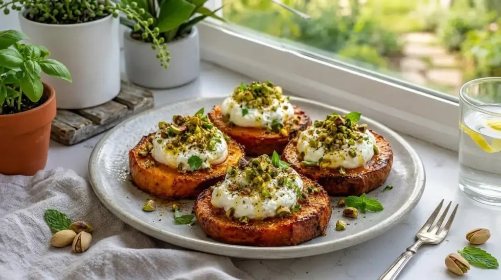 Sweet Potato Rounds with Burrata & Pistachio Crunch on a white plate.