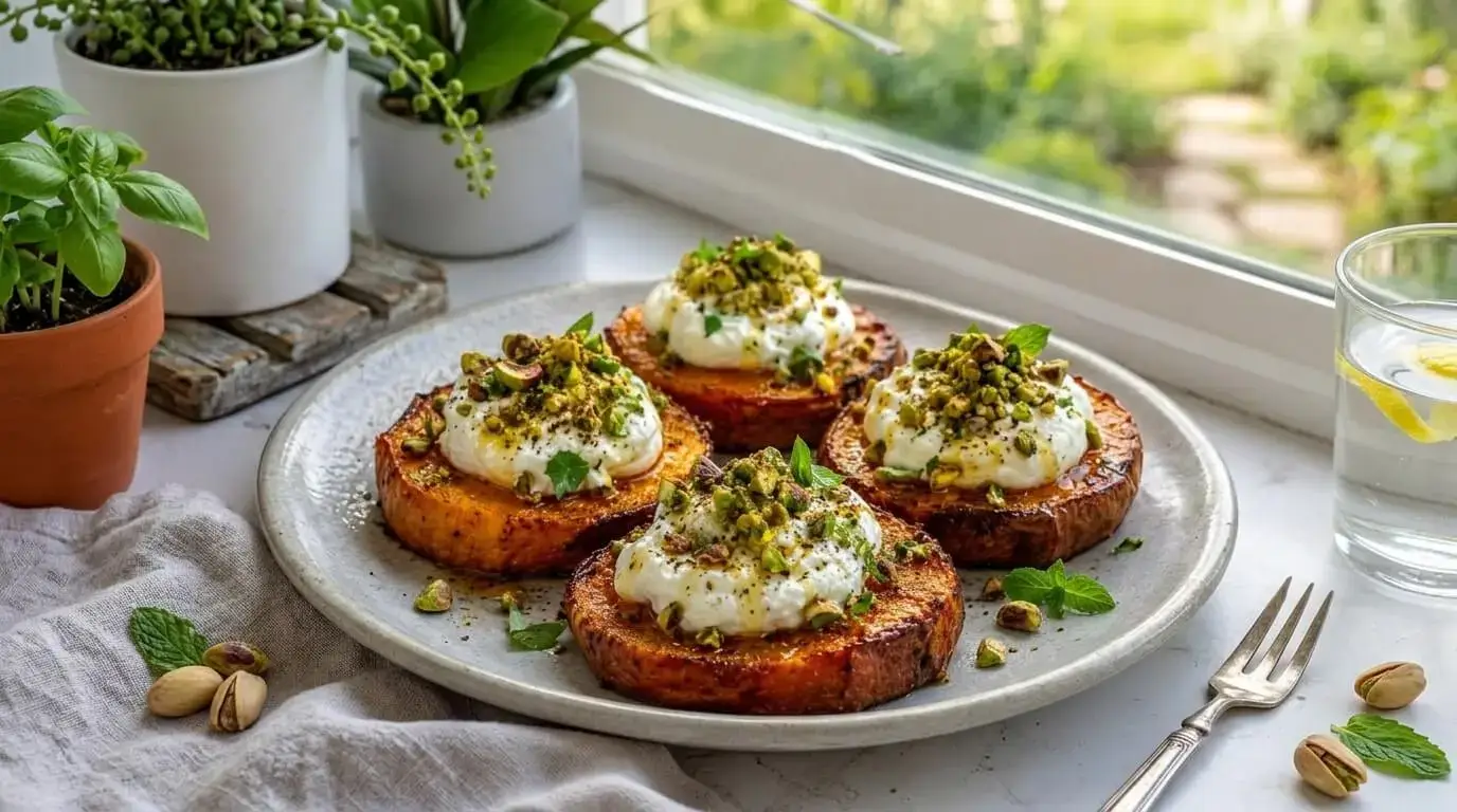Sweet Potato Rounds with Burrata & Pistachio Crunch on a white plate.