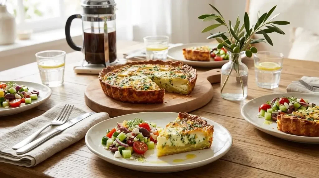 Slices of homemade savory potato quiche served on brunch plates with a side salad.