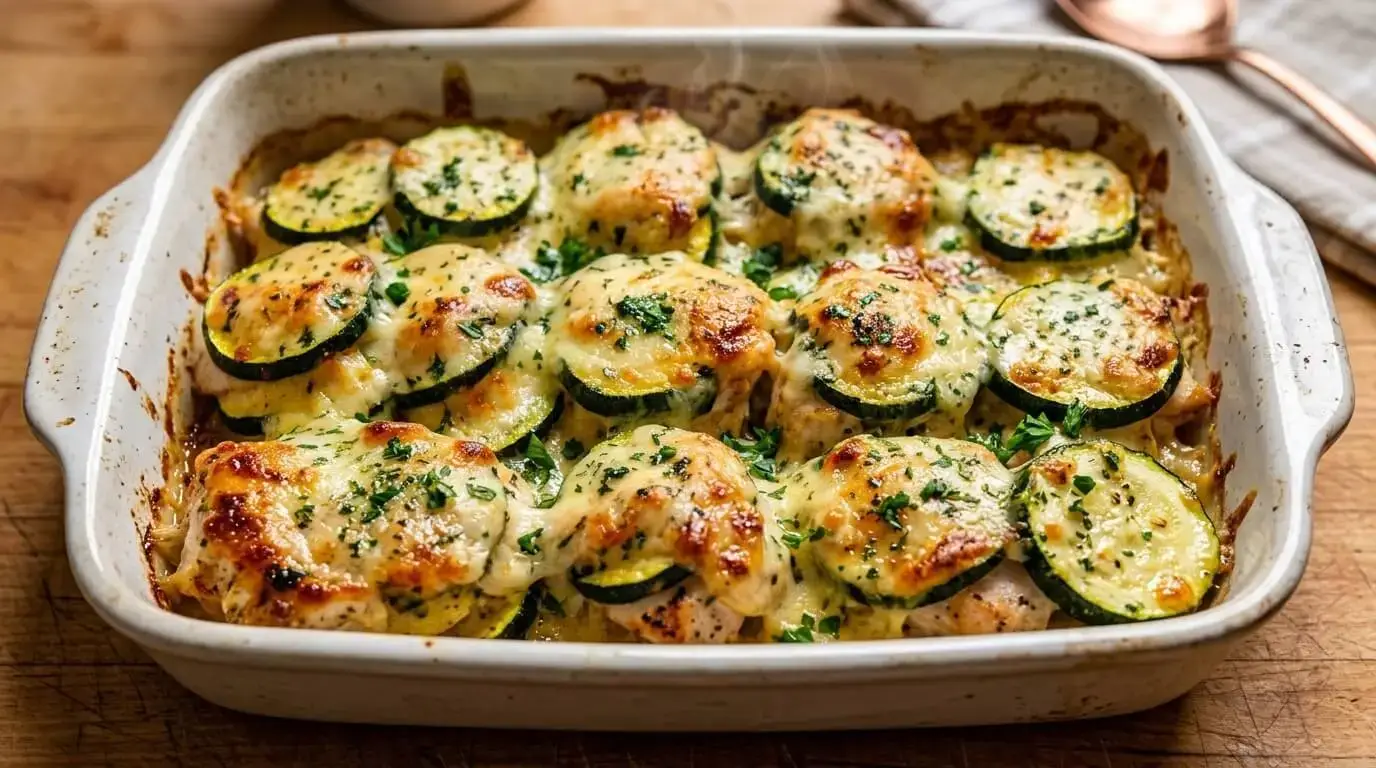 A golden, bubbling Cheesy Chicken Zucchini Bake casserole fresh out of the oven in a white baking dish, topped with blistered cheese and fresh parsley.
