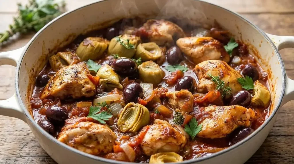 A close-up view of Mediterranean Braised Chicken with Artichoke Hearts and Kalamata olives in a Dutch oven.