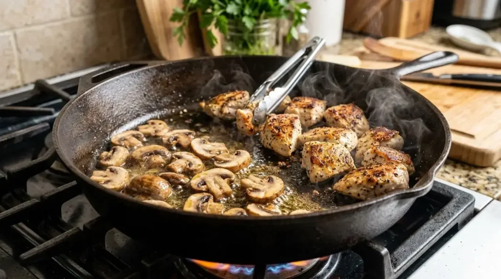 Golden chicken breast chunks and sliced cremini mushrooms searing together in a hot cast iron skillet.