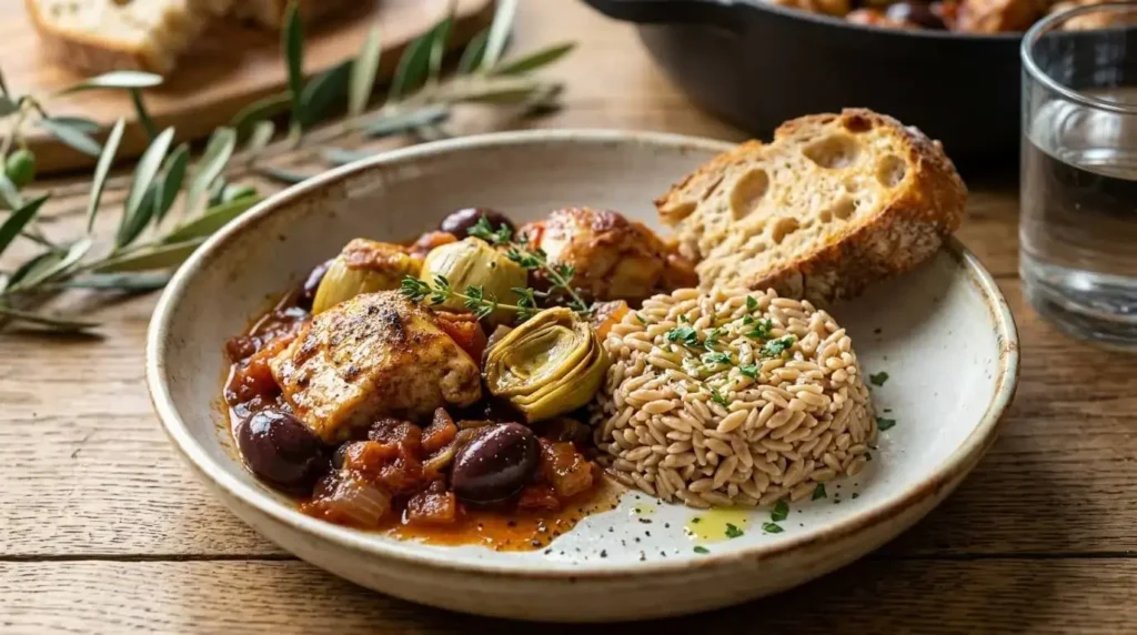 A serving of Mediterranean Braised Chicken with Artichoke Hearts paired with orzo and crusty bread.