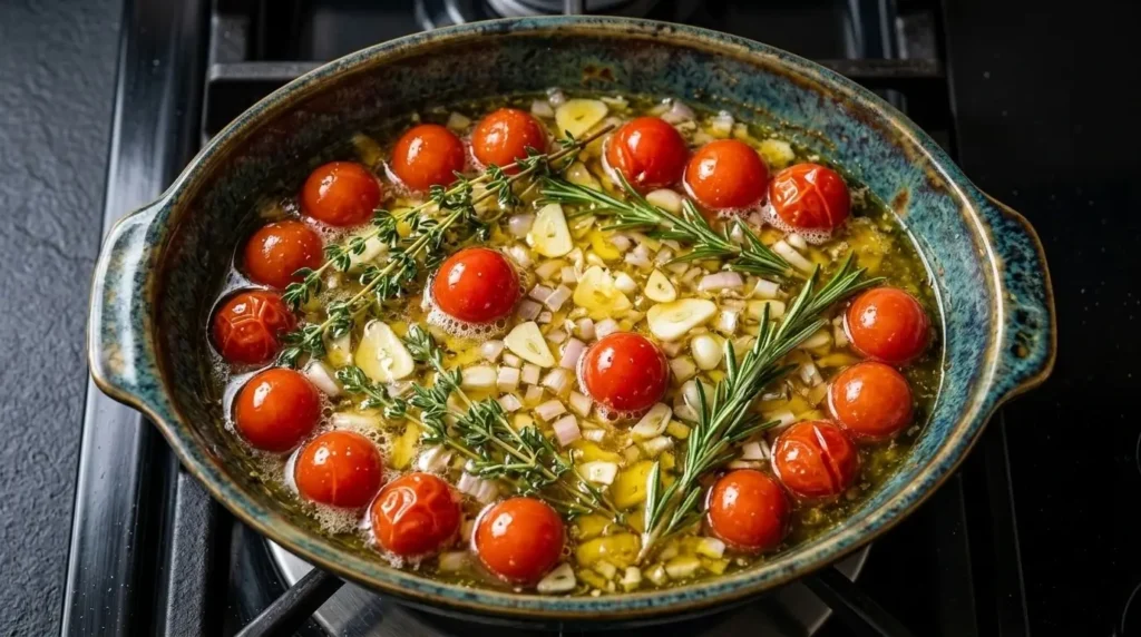 Sliced garlic, shallots, and cherry tomatoes simmering in melted butter and olive oil on a stovetop.