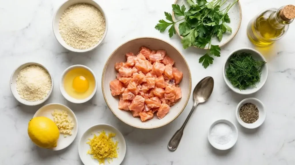 An overhead view on white marble of raw ingredients for baked salmon meatballs, including chopped fresh salmon, breadcrumbs, grated Parmesan, one egg, garlic cloves, lemon, fresh parsley, fresh dill, olive oil, salt, and pepper in small bowls.an and organized