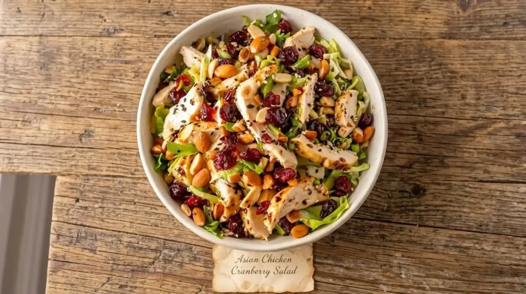 Asian chicken cranberry salad topped with almonds, cashews, cranberries, and sesame seeds in a ceramic bowl.