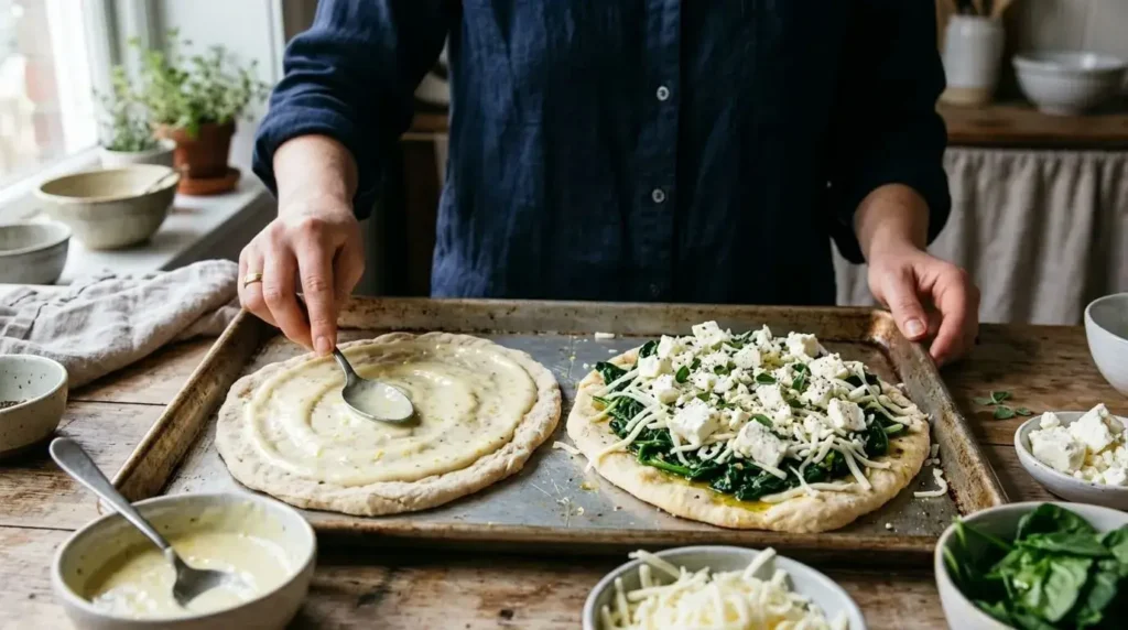Assembling flatbreads on a baking sheet with lemon cream base, spinach, and feta.