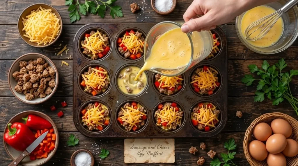 Whisked eggs being poured over sausage, cheese, and red bell peppers in a greased muffin tin.