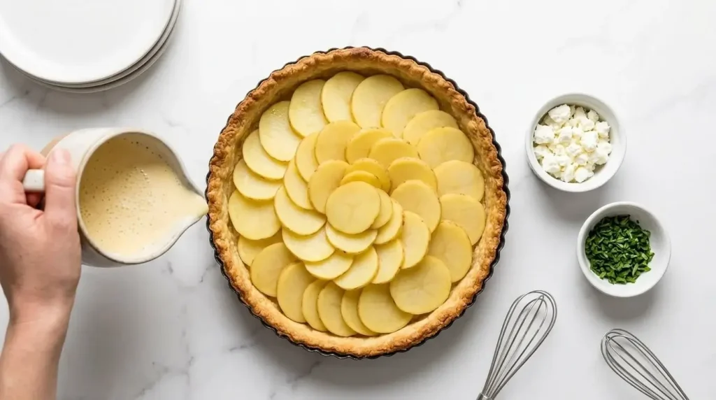 Pouring egg custard over neatly layered thin potato slices in a blind-baked quiche shell.