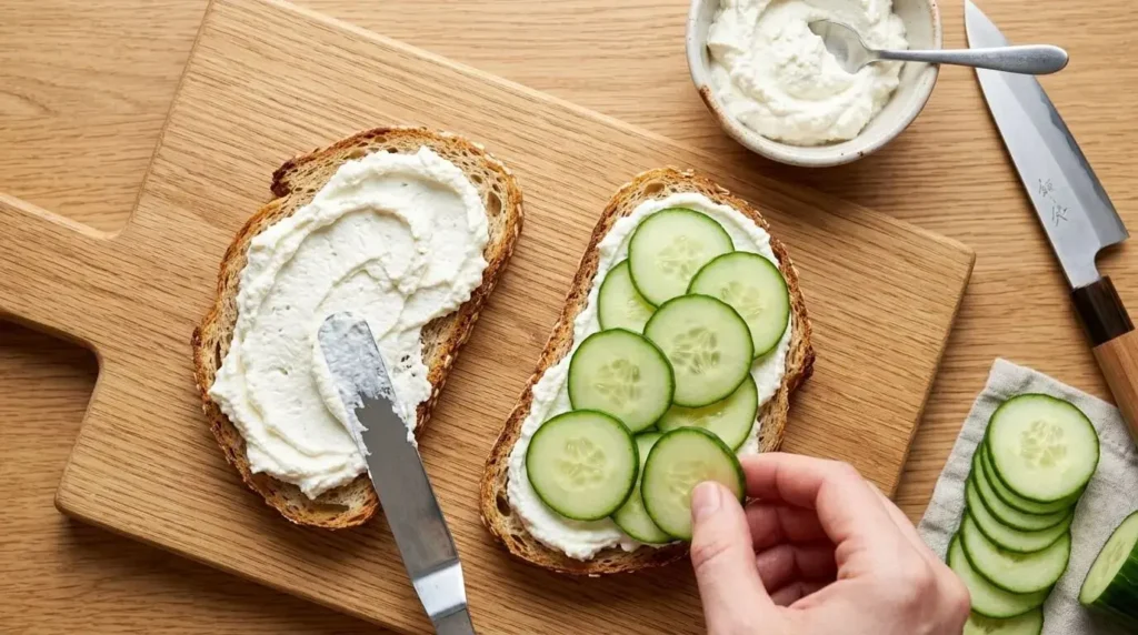Step-by-step process of spreading whipped cheese and layering thin cucumber slices on toasted seeded bread.