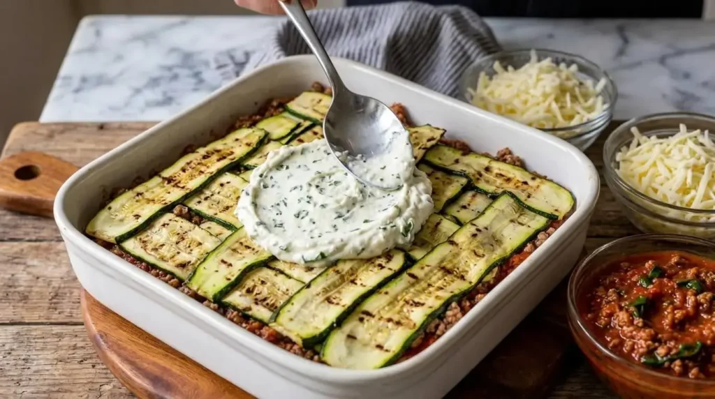 Spreading a smooth white ricotta cheese filling over a layer of overlapping green zucchini ribbons inside a white baking pan.
