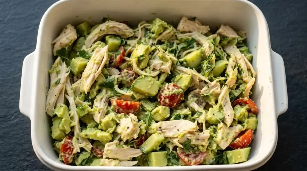 Creamy Avocado Chicken Salad with shredded chicken, cucumber, cherry tomatoes, and Greek yogurt dressing in a white dish.