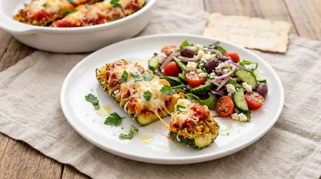 A plated crispy baked zucchini parmesan boat served with fresh herbs and a Mediterranean side salad.
