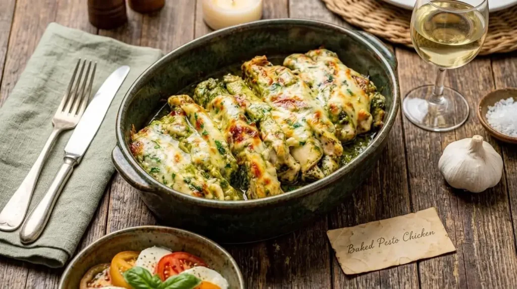 Baked pesto chicken cutlets topped with golden bubbly melted mozzarella cheese and fresh parsley in an oval baking dish.