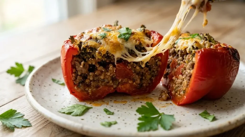 Cut-open stuffed bell pepper displaying juicy beef, quinoa, and melted cheese interior.