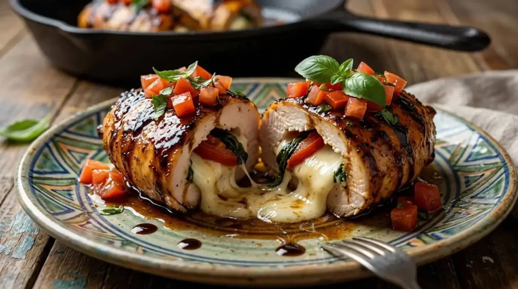 Seared Caprese Stuffed Chicken Breast sliced open showing melted mozzarella cheese, fresh tomatoes, basil, and glossy balsamic glaze.
