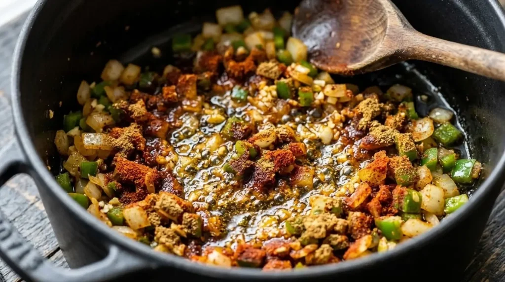 Blooming dried spices with sautéed onions and bell peppers in olive oil inside a Dutch oven pot.