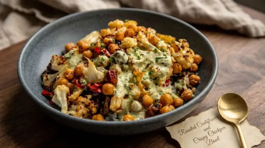 Roasted Cauliflower and Crispy Chickpea Bowl drizzled with pale green herb tahini sauce in a dark ceramic dish.