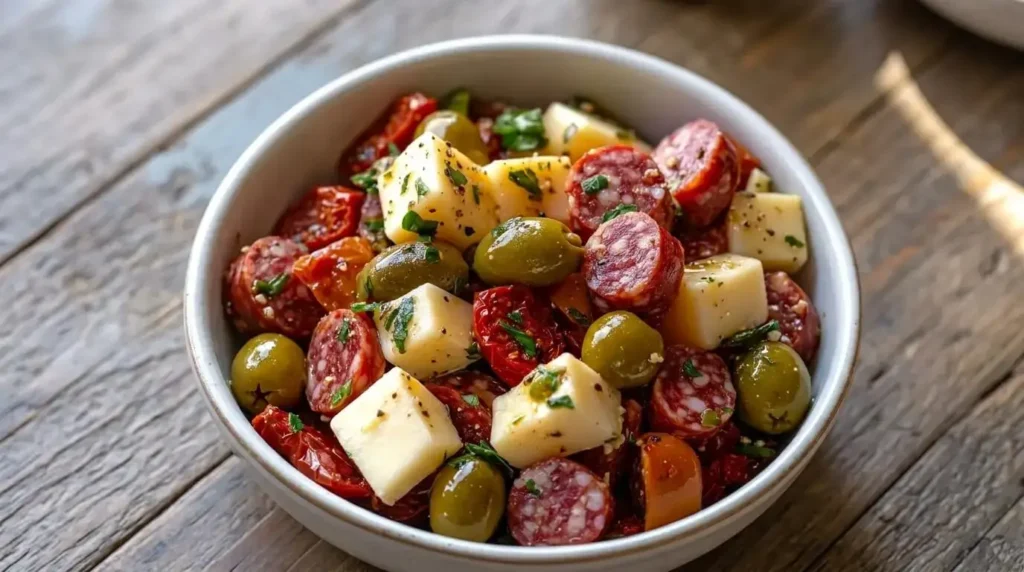 White bowl filled with marinated antipasto salad containing cubed white cheese, turkey salami coins, green olives, and sun-dried tomatoes in herb olive oil.