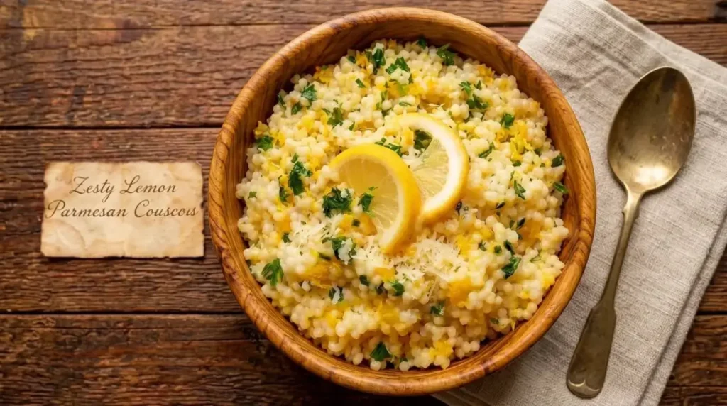 zesty lemon parmesan couscous in a wood bowl with lemon wheels