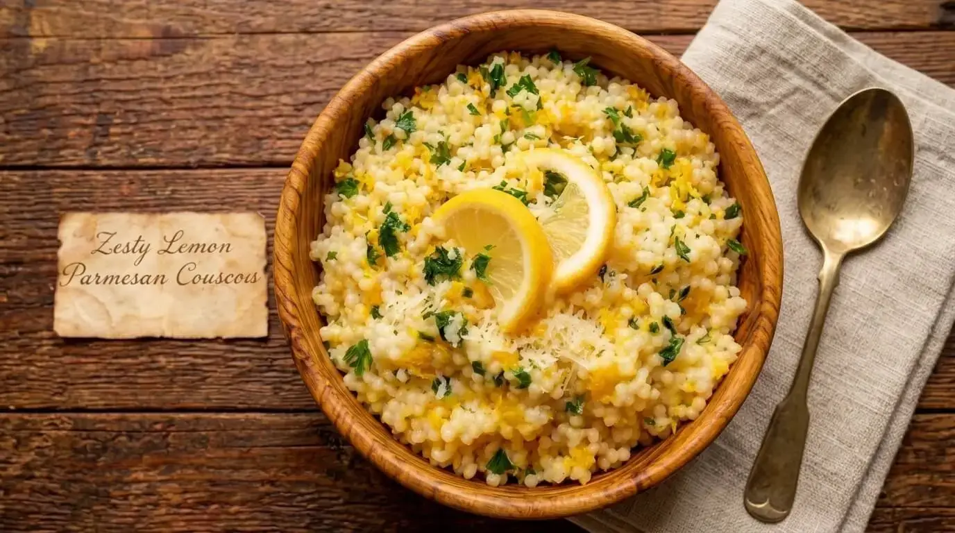 zesty lemon parmesan couscous in a wood bowl with lemon wheels