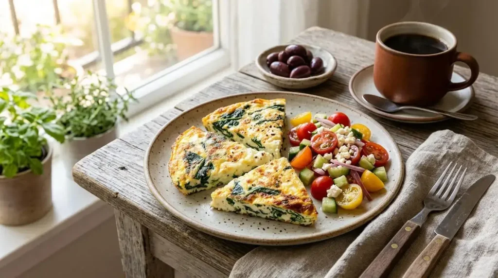 Mediterranean brunch spread featuring spinach cottage cheese frittata slices, fresh Greek salad, and coffee.