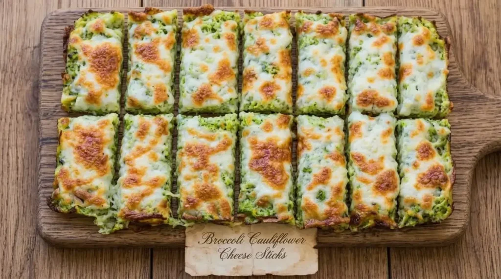 A rustic wooden board holding crispy Broccoli Cauliflower Cheese Sticks topped with bubbling, golden-brown melted mozzarella cheese, sliced into rectangular pieces next to a vintage paper recipe tag.