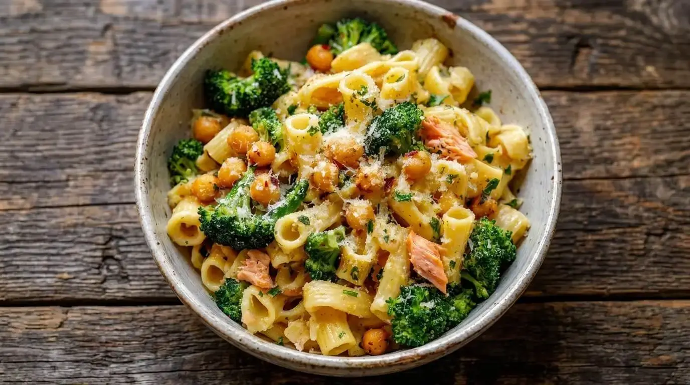 A rustic ceramic bowl filled with Garlic Olive Oil Broccoli Chickpea Pasta topped with fresh Parmesan cheese and parsley.