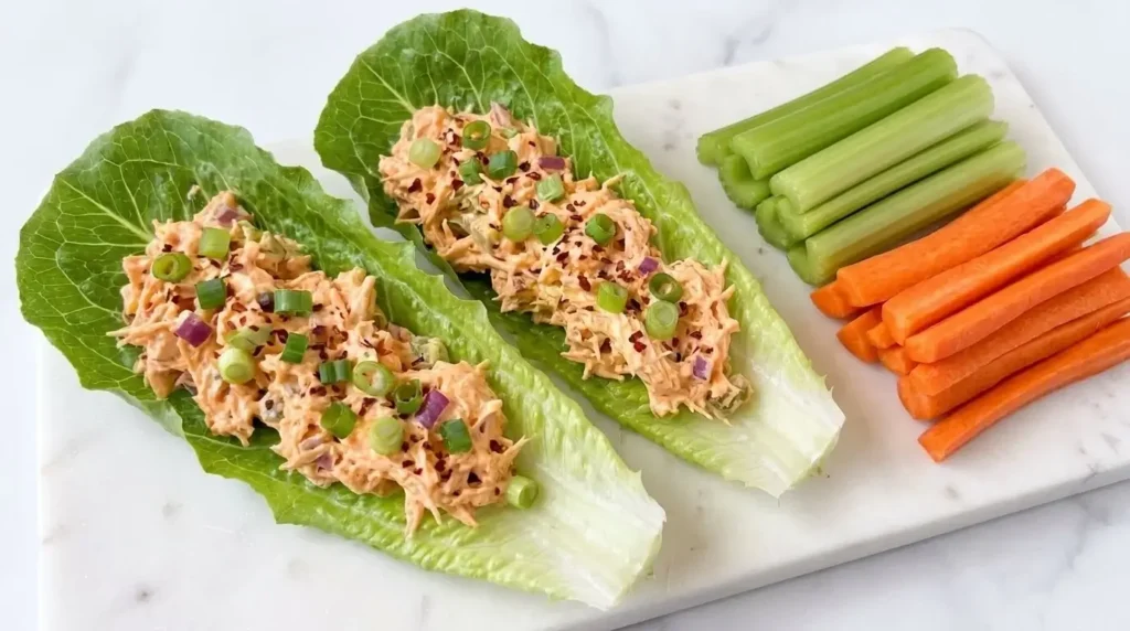 Romaine lettuce wraps stuffed with spicy buffalo chicken salad dip topped with green onions.