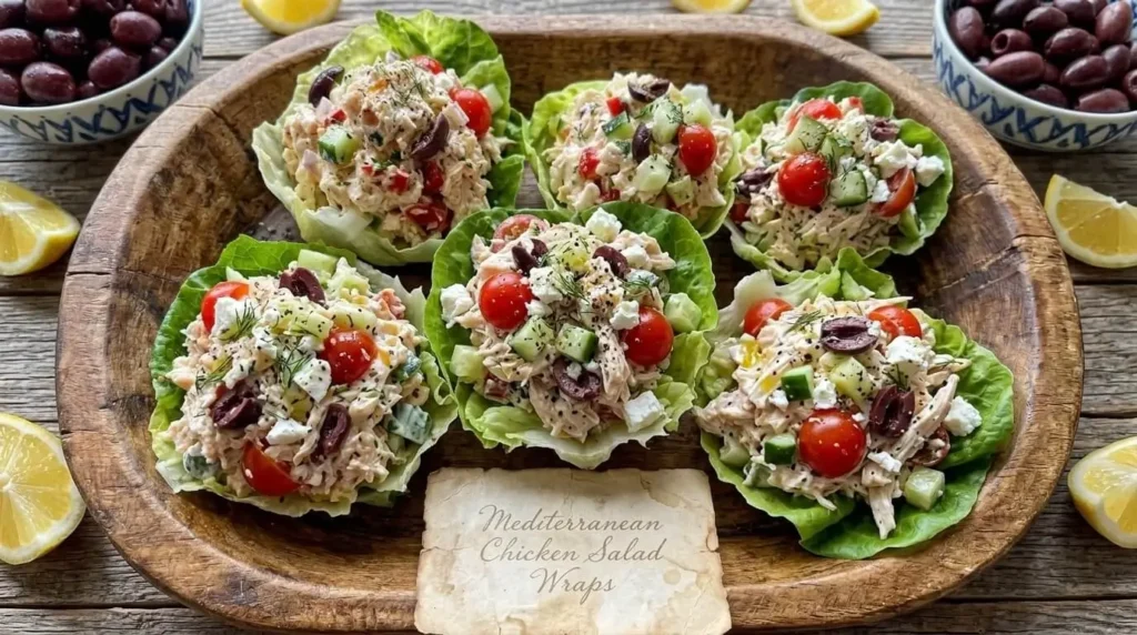 Fresh Mediterranean Chicken Salad Lettuce Wraps served on a wooden board with lemon wedges and Kalamata olives.