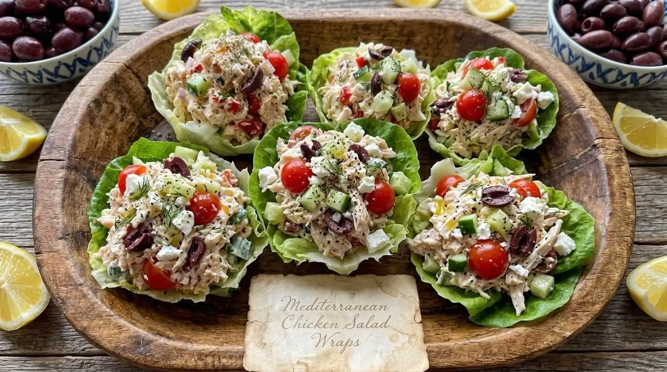 Fresh Mediterranean Chicken Salad Lettuce Wraps served on a wooden board with lemon wedges and Kalamata olives.