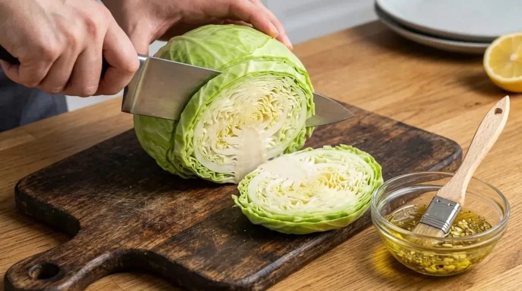A head of green cabbage sliced into thick 1-inch steaks on a cutting board next to garlic oregano olive oil marinade.