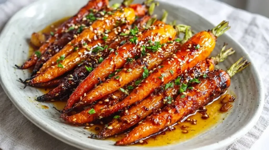 Platter of glossy honey garlic roasted carrots garnished with toasted sesame seeds and fresh chopped parsley.
