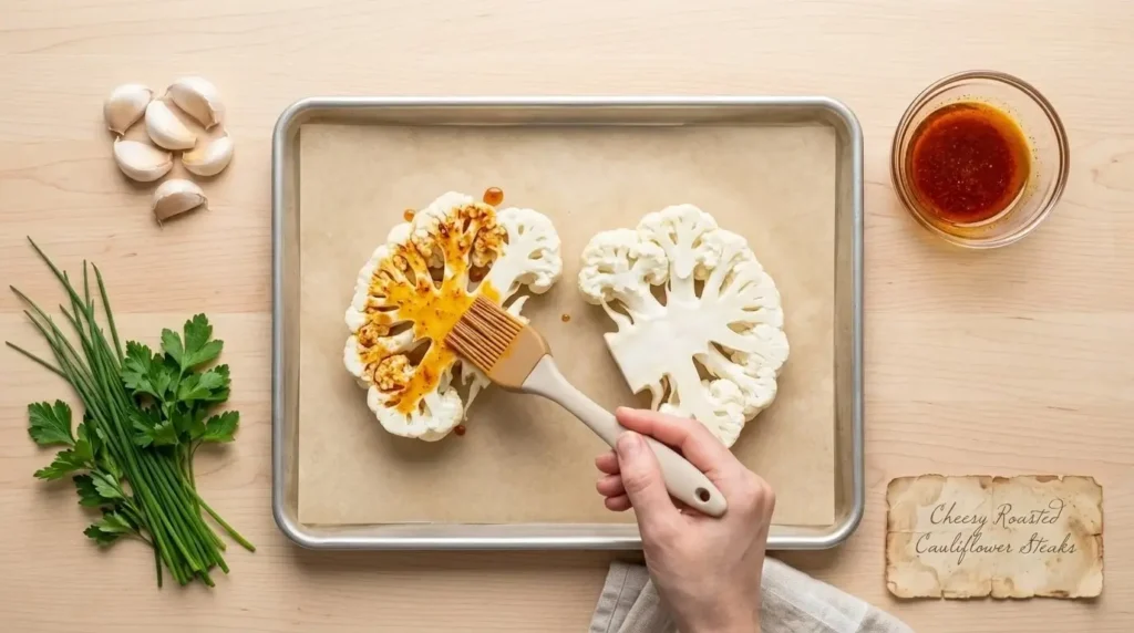 Brushing seasoned extra virgin olive oil onto raw cauliflower steaks on a parchment-lined baking pan.