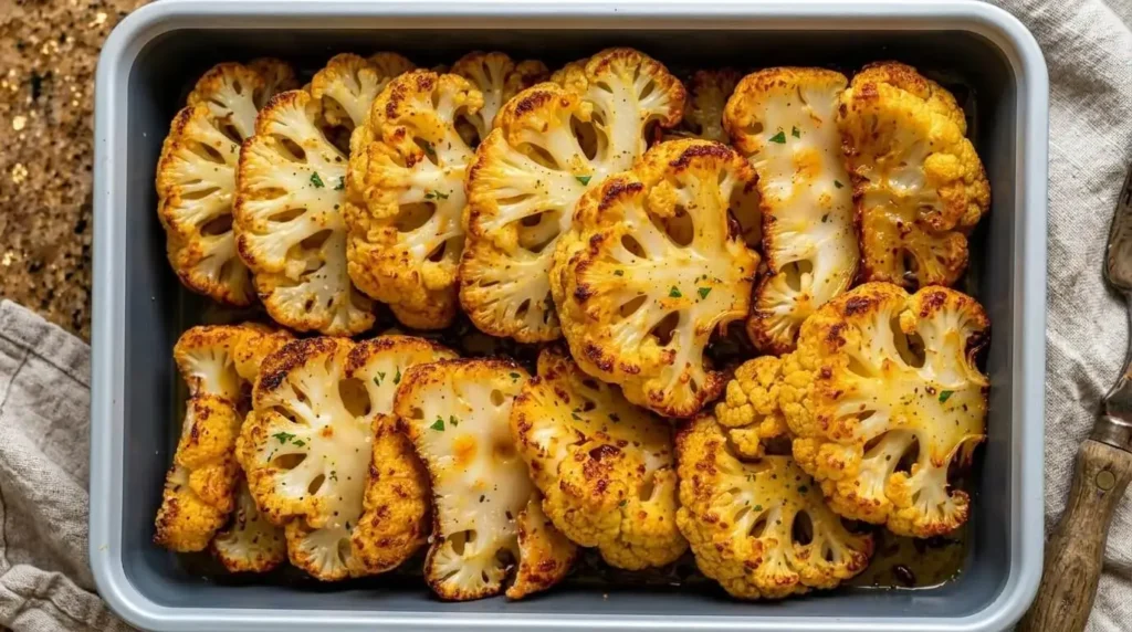 Crispy Mediterranean Baked Cauliflower steaks with Parmesan and garlic in a baking pan.