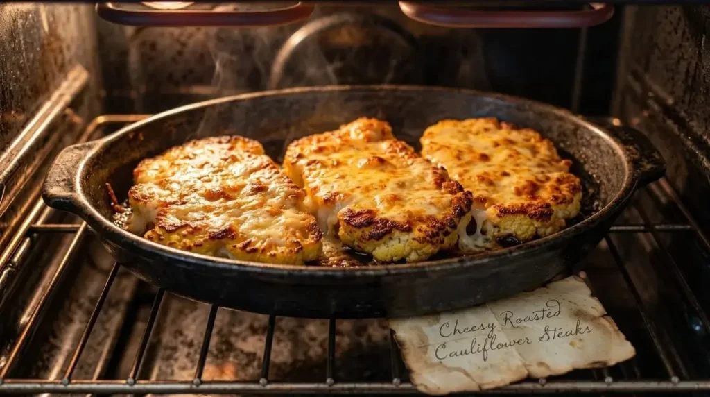 Shredded mozzarella and Parmesan cheese melting and bubbling on roasted cauliflower steaks under the oven broiler.