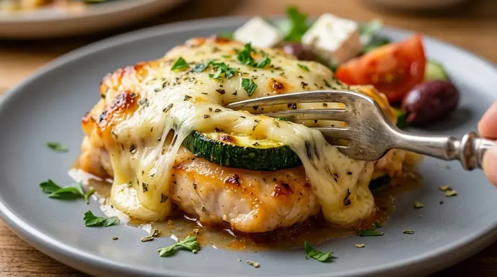 A close-up plate view of a serving of cheesy chicken and zucchini bake, showing a juicy chicken chunk, tender squash, and stretchy melted cheese.